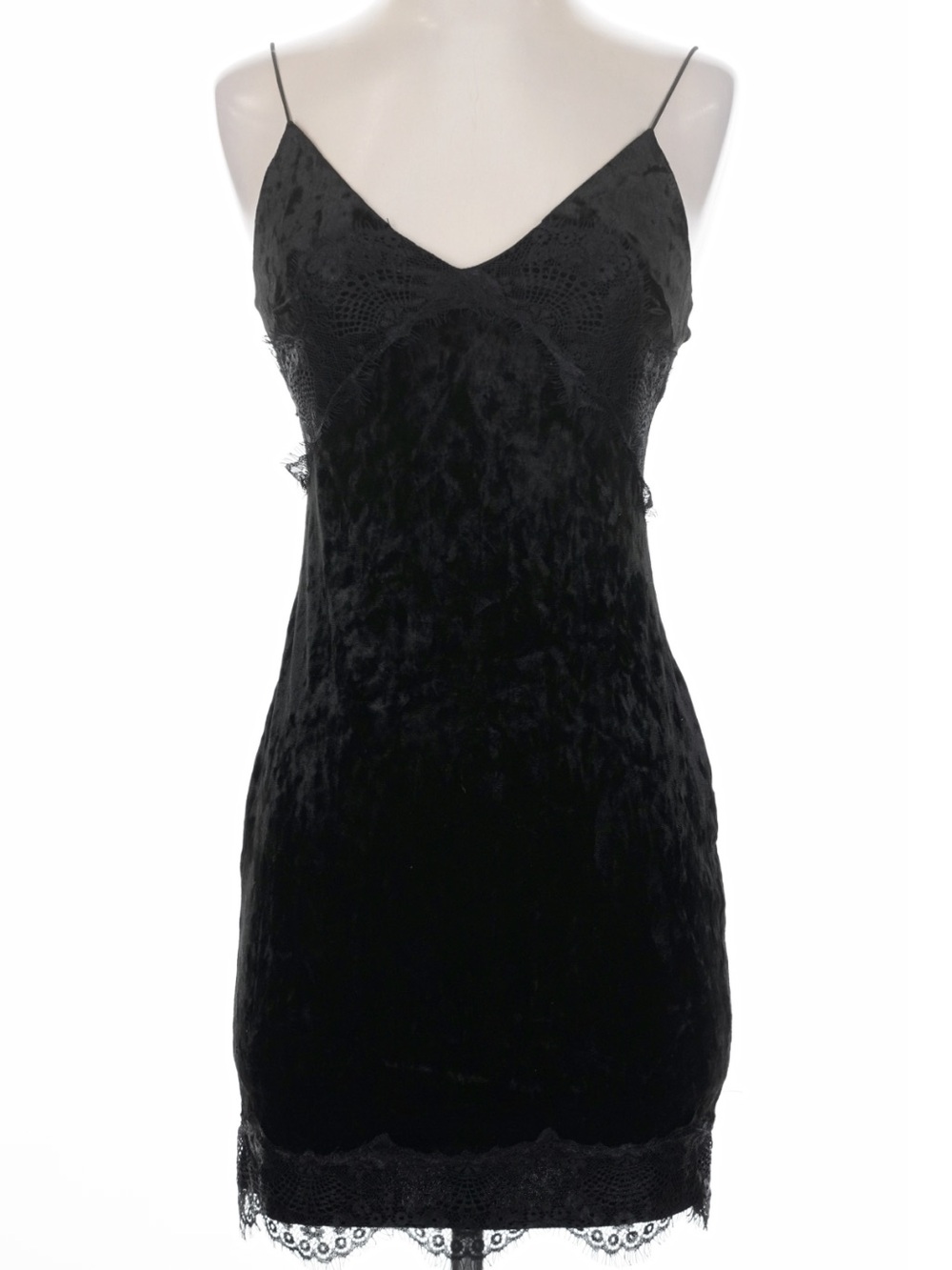 Topshop Black Crushed Velvet Lace-Trim Slip Dress, Size US6.